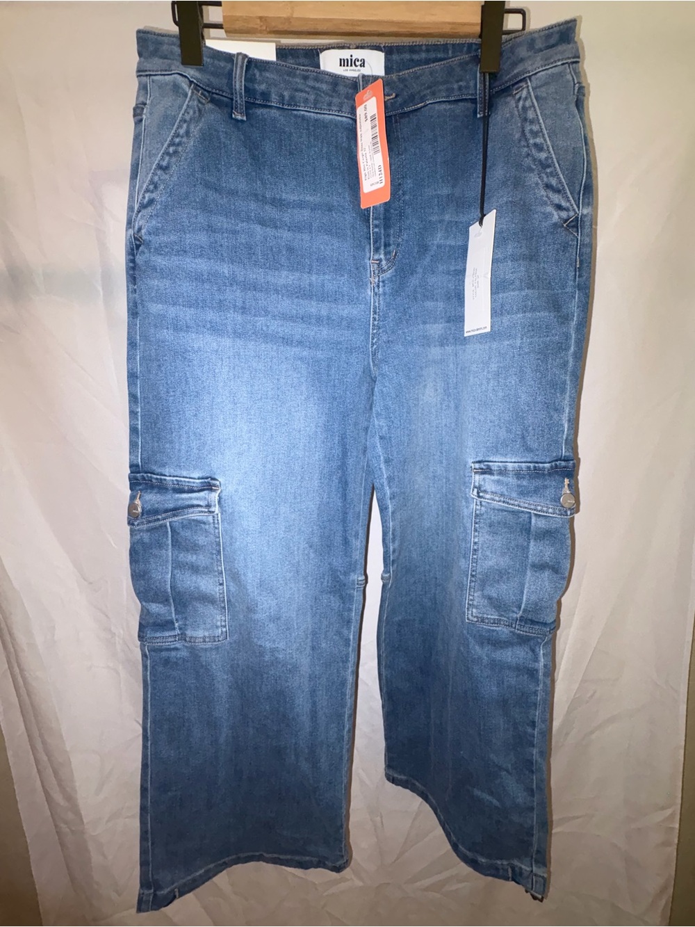 Mica Denim High Rise Wide Leg Cargo Jeans w/ Button Medium Wash Women's (US) 32